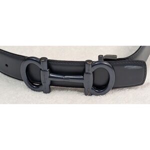 Salvatore Ferragamo Double Gancini Belt 67 9397 Black Leather Unisex Black 37"